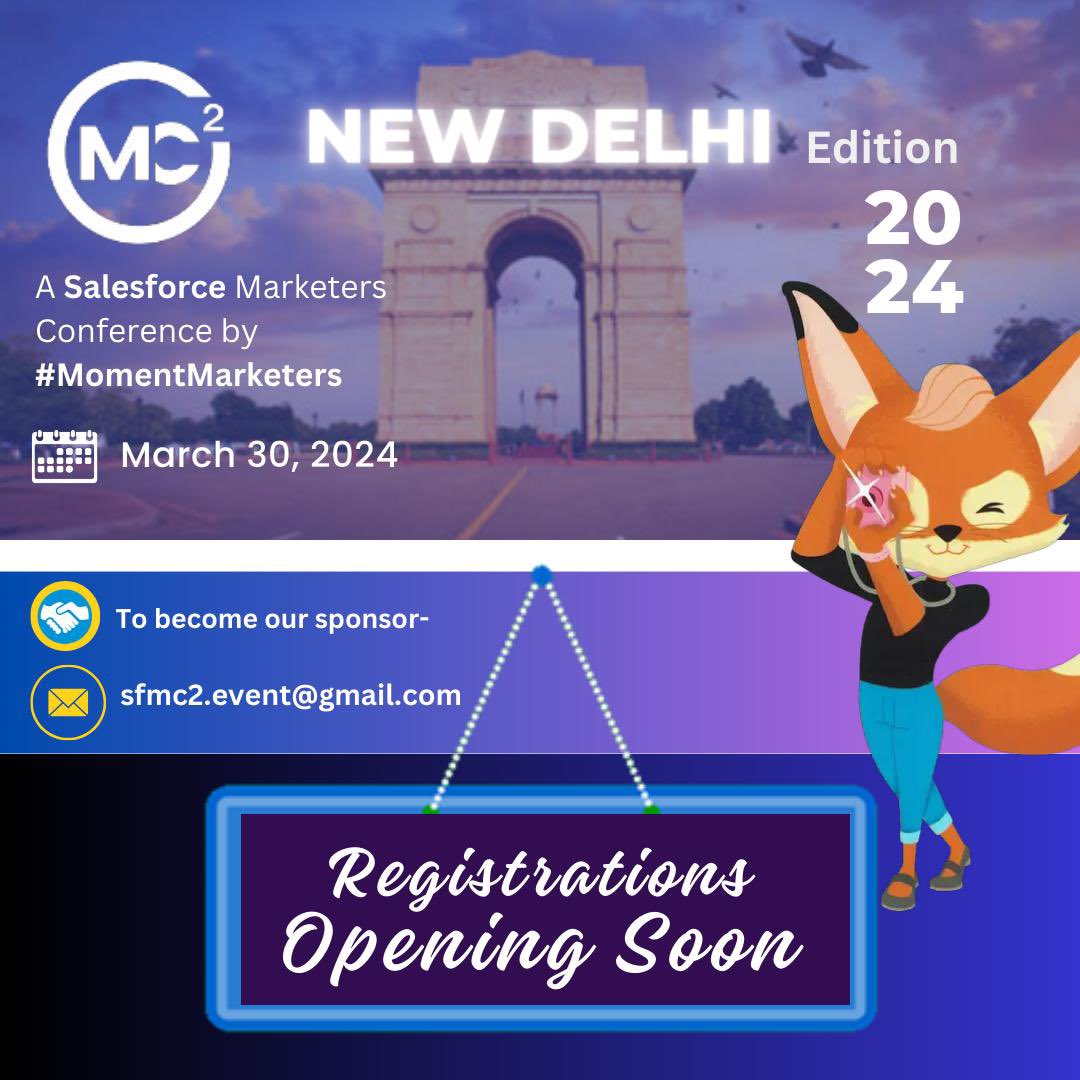 |-----------------|
| Registerations |
|      Opening       |
|        Soon           |
|----------------|
(\__/)  ||
(•ㅅ•)  ||
/ 　 づ

🗓March 30, 2024
⏰9:00 AM (IST)
📍Radisson Blu, Kaushambi
<a href="/SenpaiTech1223/">Senpai</a> <a href="/ValueHub_/">Valuehub</a> <a href="/PardotNewDelhi/">Salesforce Marketers Group (Pardot), New Delhi</a> #TrailblazerCommunity #MomentMarketer