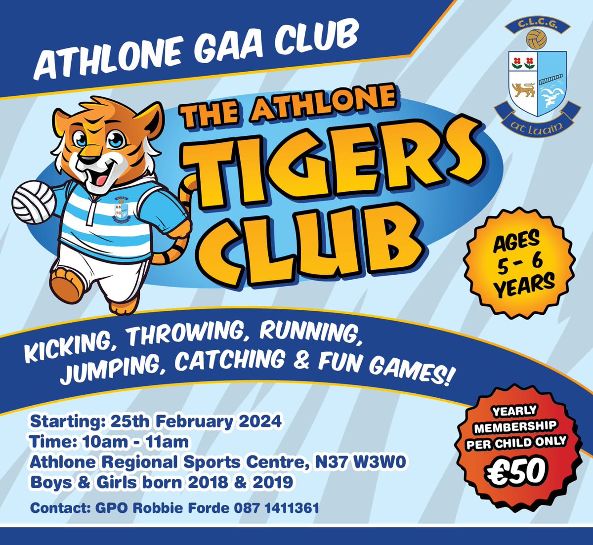 Calling all boys and girls born in 2018 &amp; 2019 🇦🇷🏐

🐯Our Tigers Club Commences
📅 Every Sunday from 25th February
⏰10AM - 11AM
📍Astroturf at the Athlone RSC
💰 €50 Annual membership fee
New &amp; returning members are welcome to take part in the fun led by our GPO Robbie Forde.