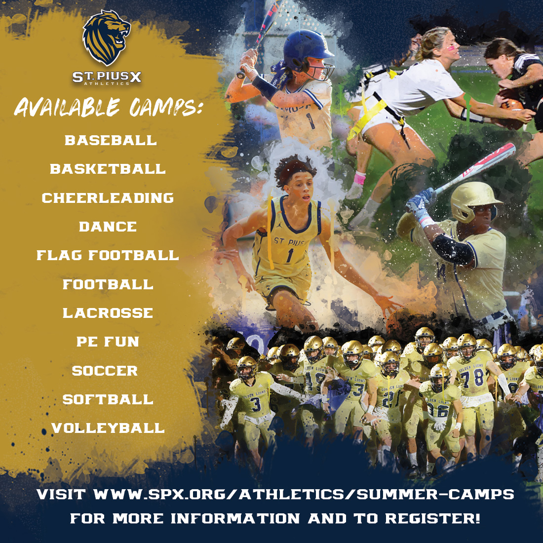St. Pius X Athletics (@spxgoldenlions) on Twitter photo 𝐒𝐮𝐦𝐦𝐞𝐫 𝐂𝐚𝐦𝐩 𝐑𝐞𝐠𝐢𝐬𝐭𝐫𝐚𝐭𝐢𝐨𝐧 𝐢𝐬 𝐎𝐏𝐄𝐍!
spx.org/athletics/summ… 𝐒𝐮𝐦𝐦𝐞𝐫 𝐂𝐚𝐦𝐩 𝐑𝐞𝐠𝐢𝐬𝐭𝐫𝐚𝐭𝐢𝐨𝐧 𝐢𝐬 𝐎𝐏𝐄𝐍!
spx.org/athletics/summ…