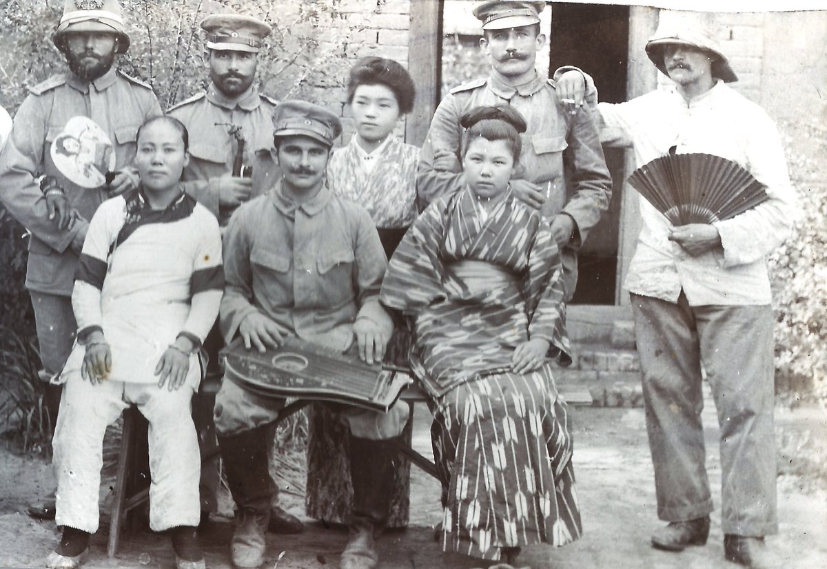 German troops stationed in #China #中国 posing with Chinese and Japanese women, presumably #Tianjin #天津 (#Tientsin), c. 1907, from a German military album.