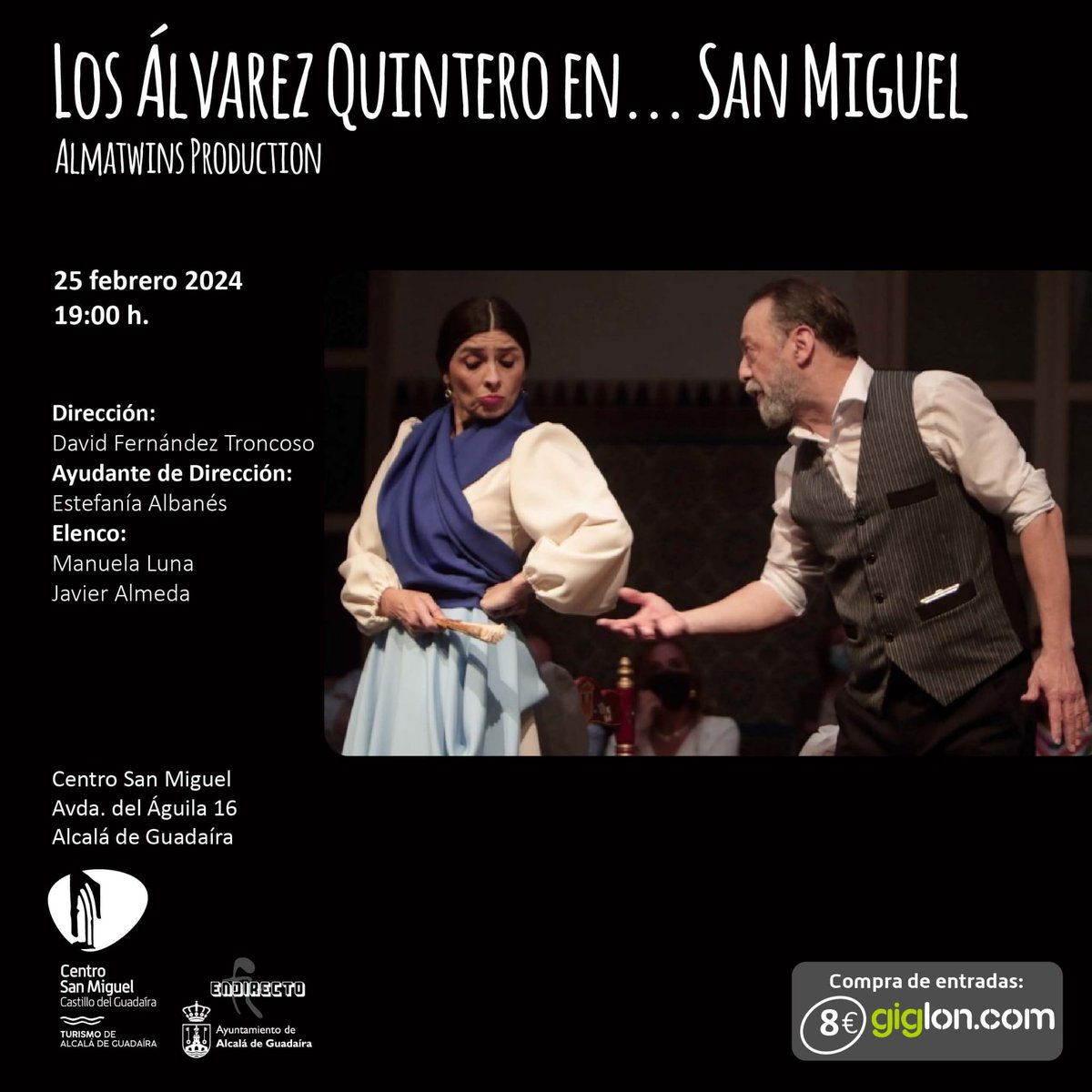 ¡¡Este domingo!! Un acercamiento diferente a la obra de los Álvarez Quintero, una estupenda manera de pasar la tarde  disfrutando de esta divertidísima obra y del espléndido trabajo de Manuela Luna y Javier Almeda. 

🗓 Domingo 25, 19:00 h
📲 centrosanmiguelalcala.com/event/quintero/