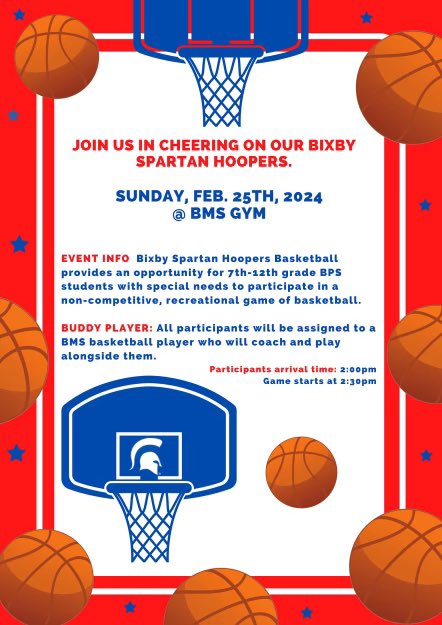 BIXBY SPARTAN HOOPERS 🗓️ Sunday, Feb 25th 🏟️ BMS Gym ⏰ Gametime - 2:30PM 👀 See graphic for more info @HomeofSpartans @BasketballBixby @KightLance @rylittlejohn #bixbybasketball #bixbyspartans