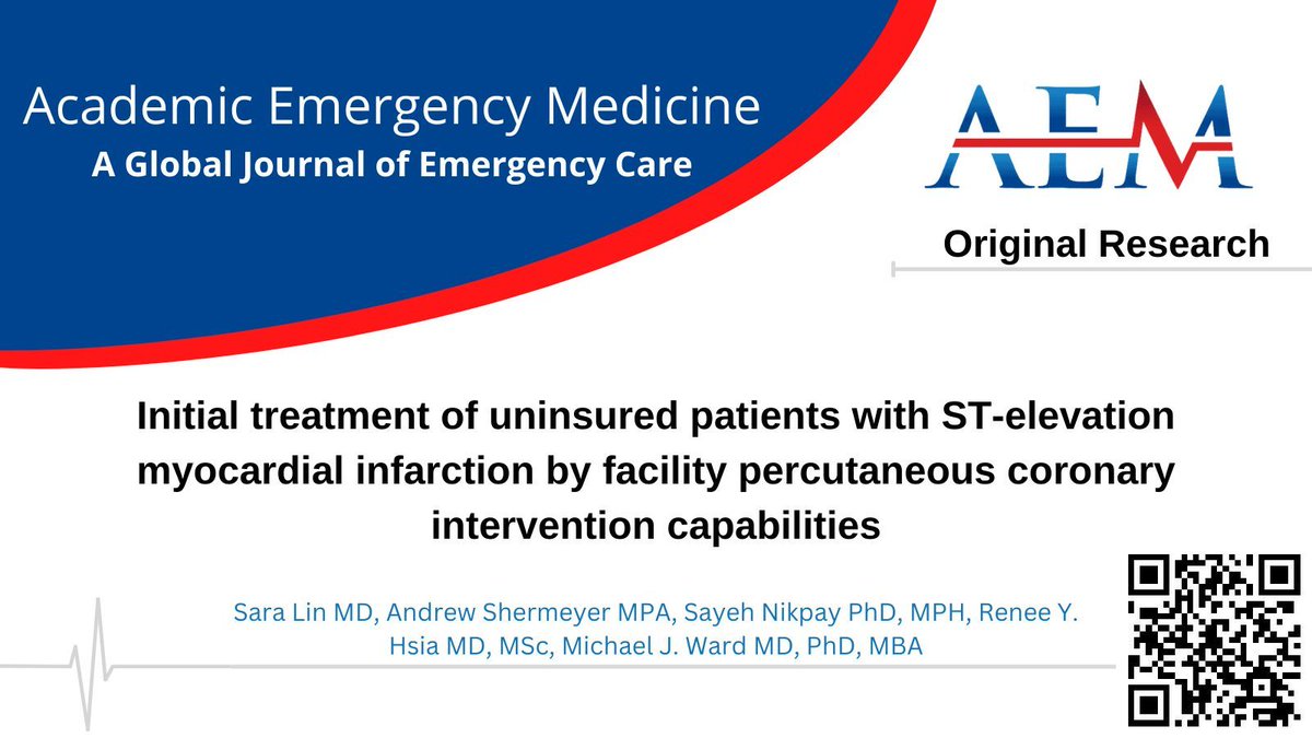 Uninsured STEMI patients presenting to California EDs were significantly less likely to receive initial treatment at facilities without PCI capabilities in this study from @mward04 @saynikpay @ReneeYHsia @SaraGLin. #AEM #EM #STEMI #Cardiology #EKG