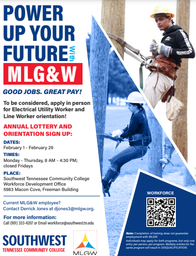 MLGW's tweet photo. Power Up Your Future with MLGW! @SouthwestTN is having their annual lottery and orientation sign-up for electrical utility workers and line workers from now until February 29. #MLGW #MLGWNews #ServingYouIsWhatWeDo https://t.co/qpnvIJ7mwr