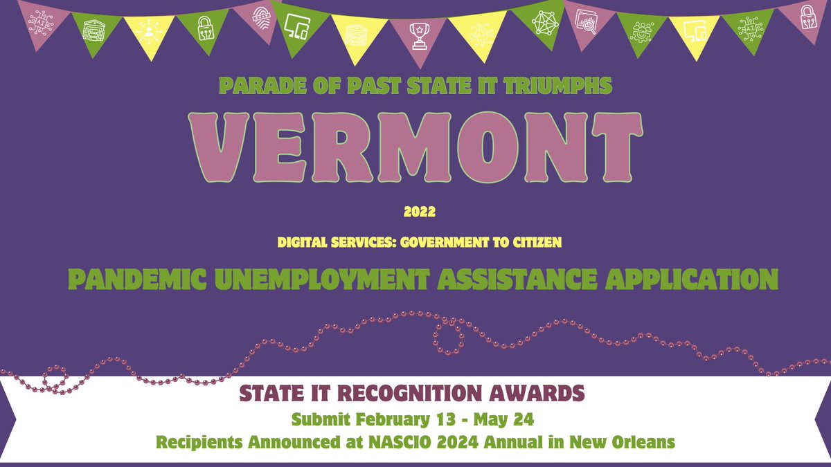 Join the #NASCIOawards festivities as we applaud <a href="/VermontADS/">VT Digital Services</a> for their exceptional strides with their Unemployment Assistant Application project. They're not just marching in the parade of innovation, they're leading it!  #NASCIO24🎉
nascio.org/awards/awards-…