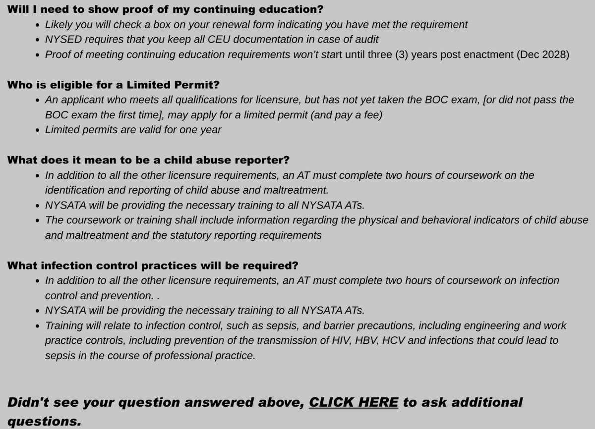 Congratulations to <a href="/GO_NYSATA/">NYSATA</a> on passing Licensure Bills A219A &amp; S942A, making #AthleticTraining a licensed #profession 🙌

Your Governmental Affairs committee understands you may have some questions &amp; has created some FAQs just for you...

Learn More:
gonysata2.org/governmental-a…✅