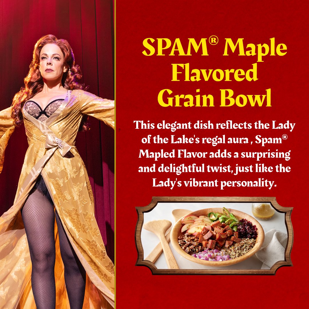 SpamalotBway's tweet photo. Embark on a culinary quest with @SPAMbrand! Indulge in legendary recipes inspired by your favorite Spamalot characters, crafted with the delicious twist of SPAM® products - fit even for a King! What other SPAM® brand recipes would you serve up?
#spambrandpartner #spambrand https://t.co/ekjtXi1vou