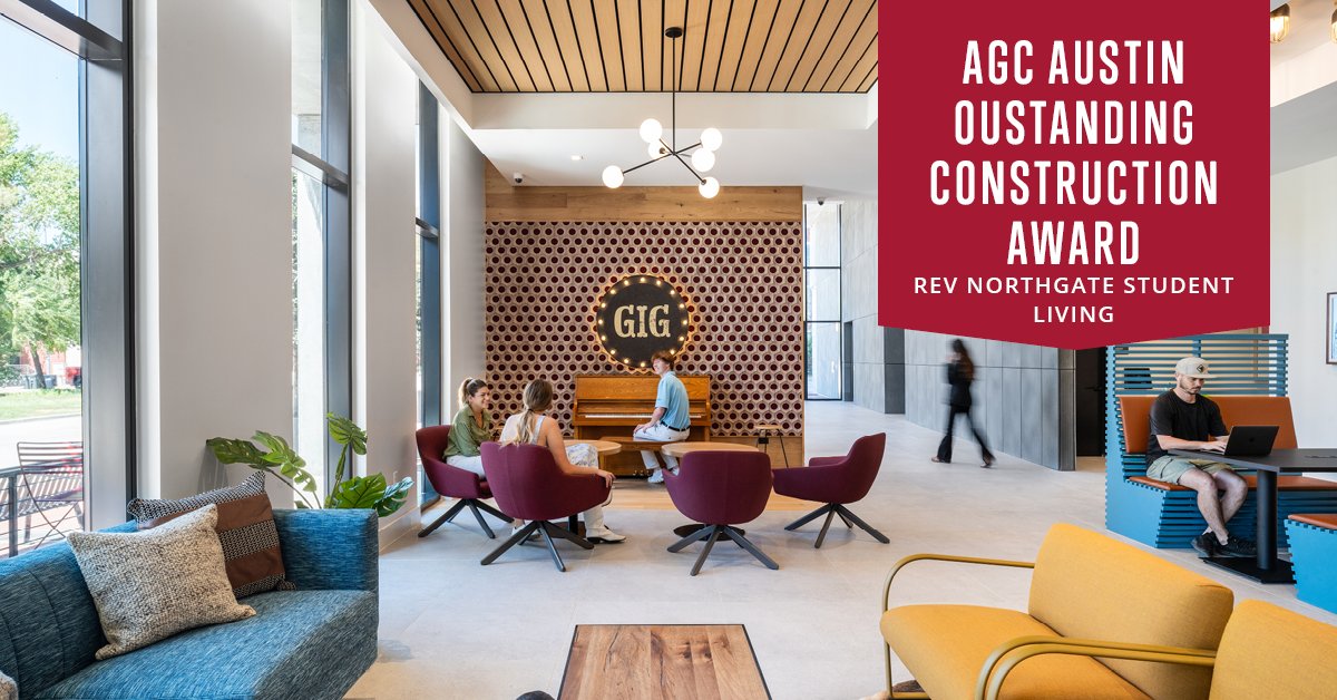rogersobrien's tweet photo. Congratulations to the Rev Northgate Student Living project team on earning the @Austin_AGC Outstanding Construction Award!

The Rev is a beautiful 19-story development in #cstat with 298 stylish student apartments across 14 floors, plus amenities &amp; 6 stories of parking. https://t.co/ECaQZqVdQm