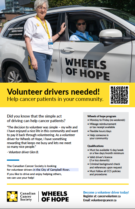 ChamberCR's tweet photo. 🚗 The @CanadianCancerSociety Wheels of Hope driving program is expanding to more cities, including Campbell River! Want to make a meaningful difference in someone's life, consider becoming a volunteer driver with CCS #WheelsOfHope #VolunteerDrivers #CCS #CampbellRiver 💙 https://t.co/h0W74iO7sK