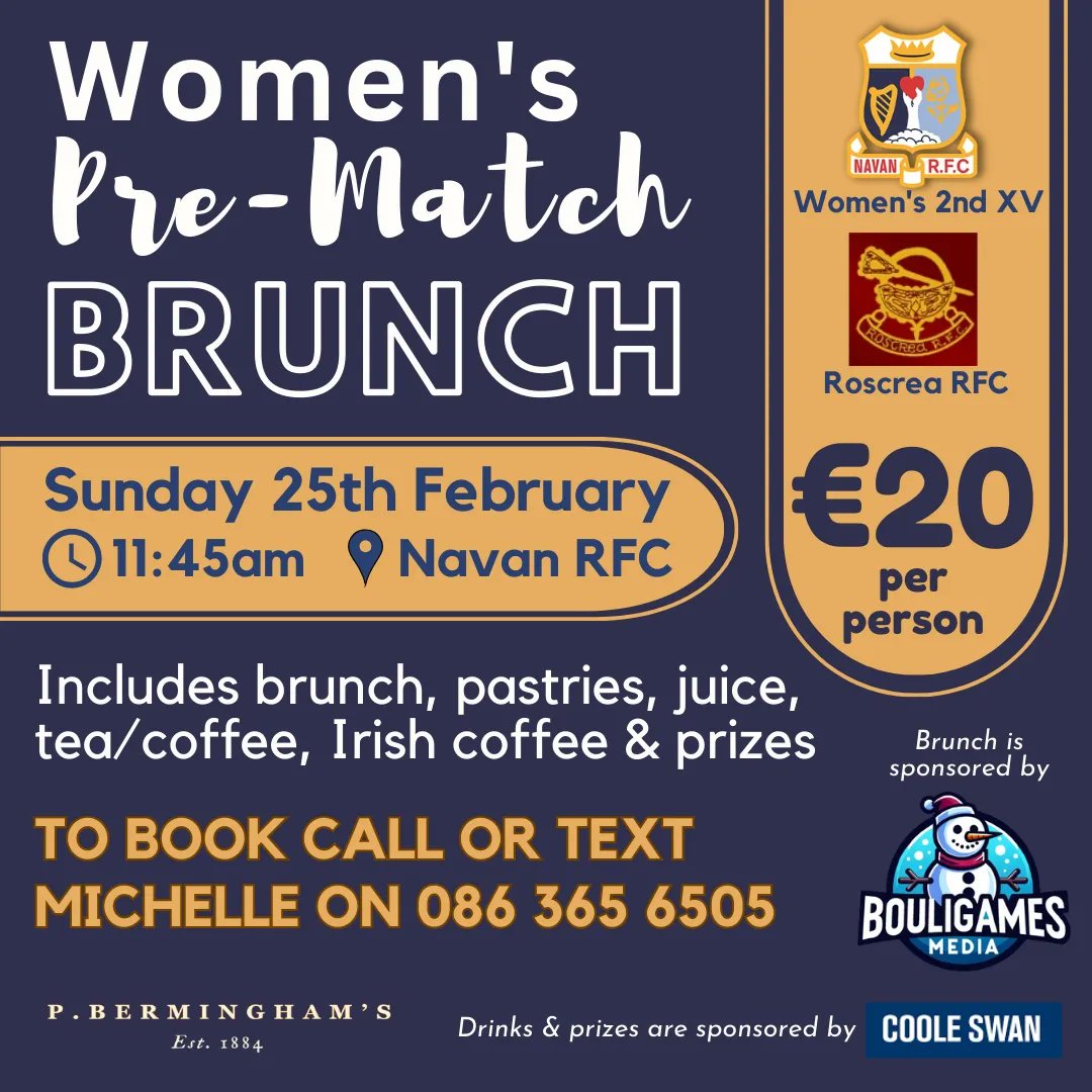 NavanLadiesRFC's tweet photo. Our Women's 2nd XV play at HOME this Sunday, 25th Feb, against @RoscreaRFC in their last game of Leinster League #Div5A at 1pm.
𝙅𝙊𝙄𝙉 𝙐𝙎 𝙁𝙊𝙍 𝙋𝙍𝙀-𝙈𝘼𝙏𝘾𝙃 𝘽𝙍𝙐𝙉𝘾𝙃 for just €20pp.
Book now: 𝗖𝗔𝗟𝗟 / 𝗧𝗘𝗫𝗧 𝗠𝗜𝗖𝗛𝗘𝗟𝗟𝗘 𝗢𝗡 𝟬𝟴𝟲 𝟯𝟲𝟱 𝟲𝟱𝟬𝟱. https://t.co/cv6Yve6Snh