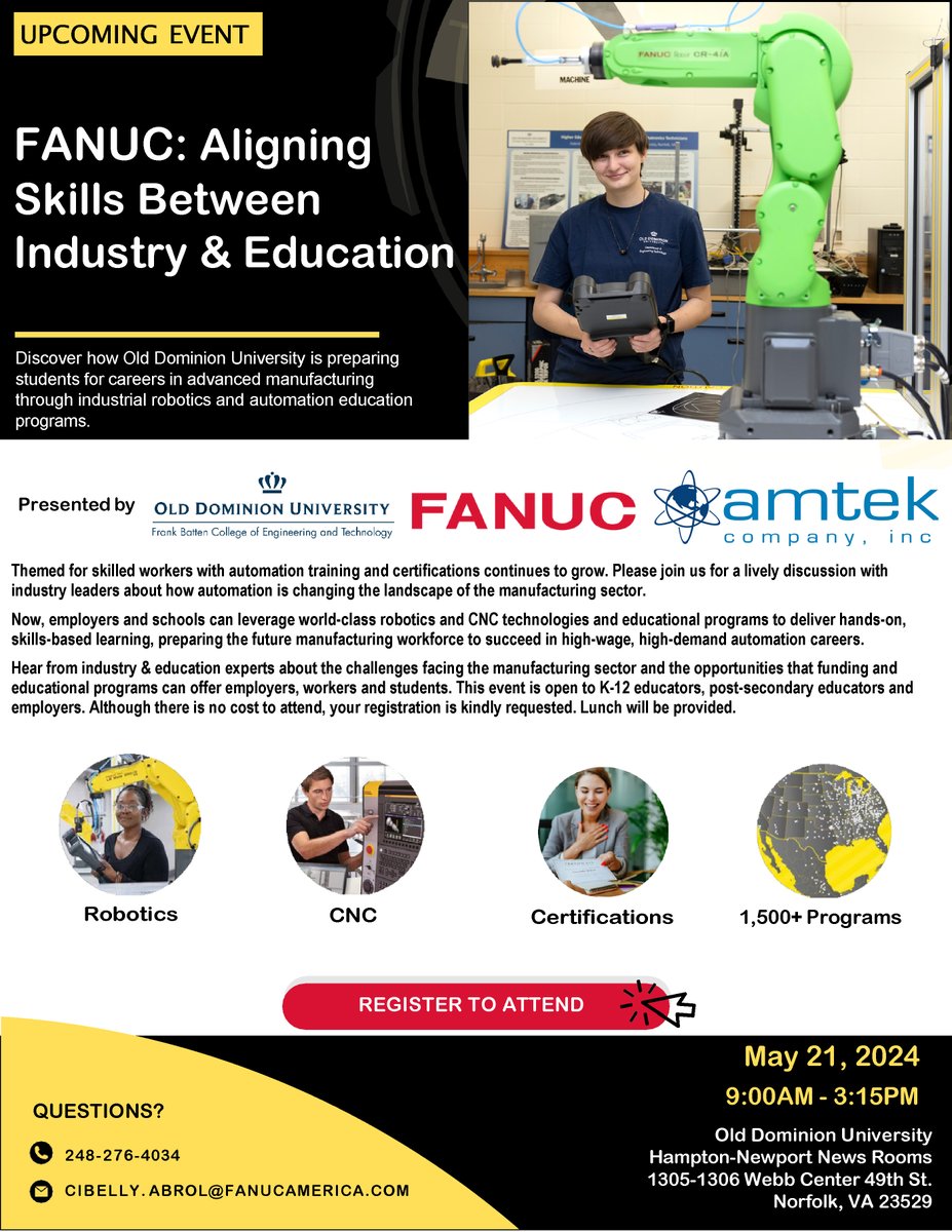 ODU Engineering and Technology (@odu_engineering) on Twitter photo The <a href="/ODU/">Old Dominion University</a> #EngineeringTechnology Department is hosting FANUC: Aligning Skills Between Industry & Education on May 21. The free event is open to K-12 educators, post-secondary educators and employers. #manufacturingengineering #industrialrobots
Registration: lp.constantcontactpages.com/ev/reg/5aqk67v The <a href="/ODU/">Old Dominion University</a> #EngineeringTechnology Department is hosting FANUC: Aligning Skills Between Industry & Education on May 21. The free event is open to K-12 educators, post-secondary educators and employers. #manufacturingengineering #industrialrobots
Registration: lp.constantcontactpages.com/ev/reg/5aqk67v
