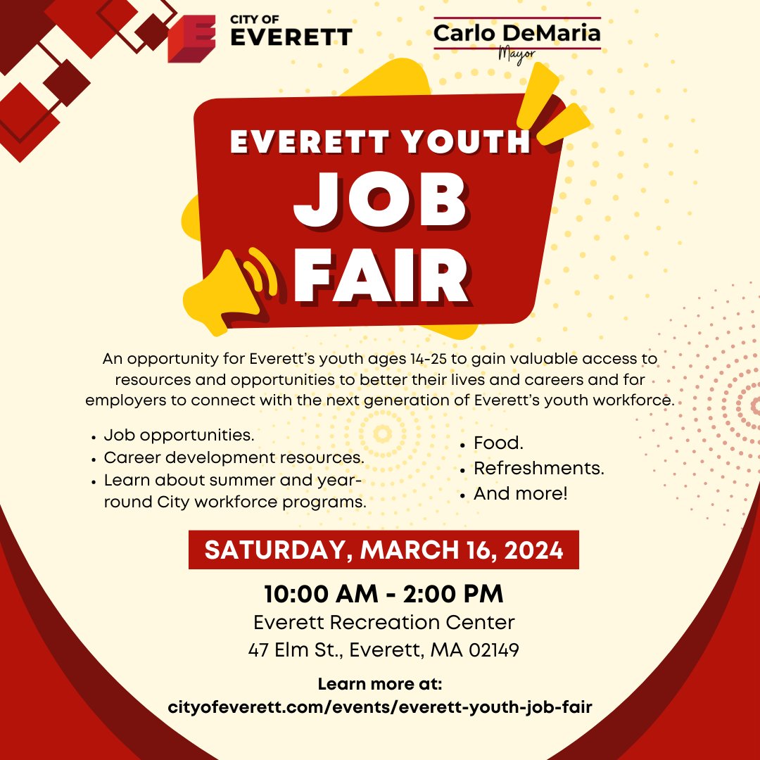 📣 Calling all Everett youth ages 14-25 and employers! 📣

Don't miss this opportunity to get your career started or to connect with the next generation of Everett's youth workforce at the Everett Youth Job Fair!

Learn more and register now: cityofeverett.com/events/everett…