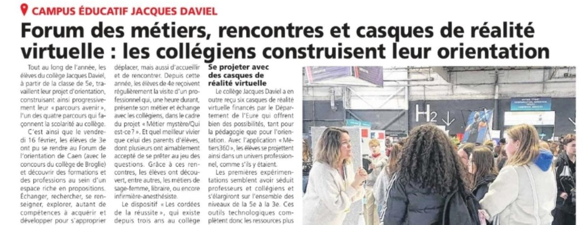 (21/02/24) Aperçu d'un article de l'Eveil sur les projets menés au service de l'orientation des élèves : forums, rencontres, casques VR... Merci pour le relais. @ac_normandie @MoncadaFra @Fmarchand_27 @OrientationNdie @EureenNormandie @DraneNormandie @Arkema_fr @Arkema_group