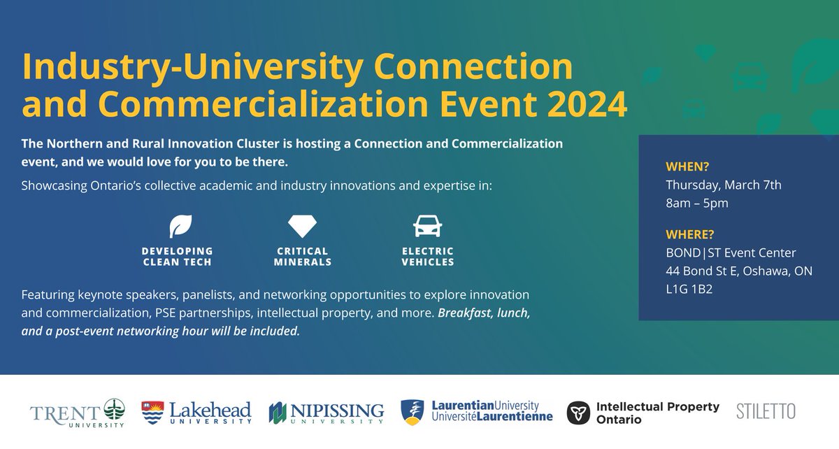 Join IPON's Jarrod Hicks for an in-person event hosted by the Northern and Rural Innovation Cluster (@TrentUniversity, @mylakehead, @NipissingU, @LaurentianU)!

This event on March 7 will explore #IP, innovation, commercialization and more. Register now: trentu.ca/researchinnova…