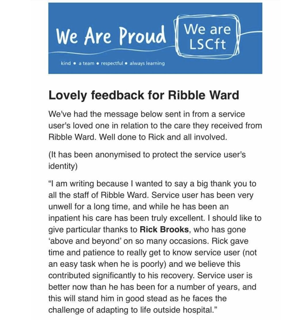 natski89's tweet photo. We are super proud as a team to receive this feedback and wish them all the best as they continue their recovery in the community. Well done Rick for showing true compassion and a big thankyou to team ribble as the support provided to our patients is amazing ๐ซถ
#teamribble https://t.co/1uE0lCxKQw