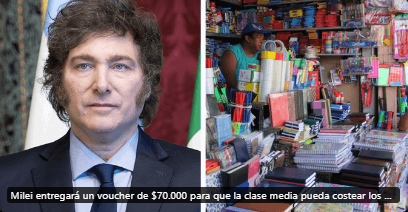 🚨 El presidente Javier Milei entregará un voucher de $70.000 para que la clase media pueda costear los útiles escolares de este año.

✅Siempre en lo importante.
✅Basta de precios cuidados, que la gente elija con libertad.
