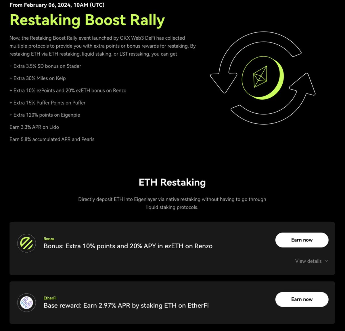 The new ETH restaking feature by @OKX DeFi is giving me a pretty compelling reason to dive deeper into DeFi. 📷 Especially with bonuses from both <a href="/RenzoProtocol/">Renzo</a>  and Etherfi!