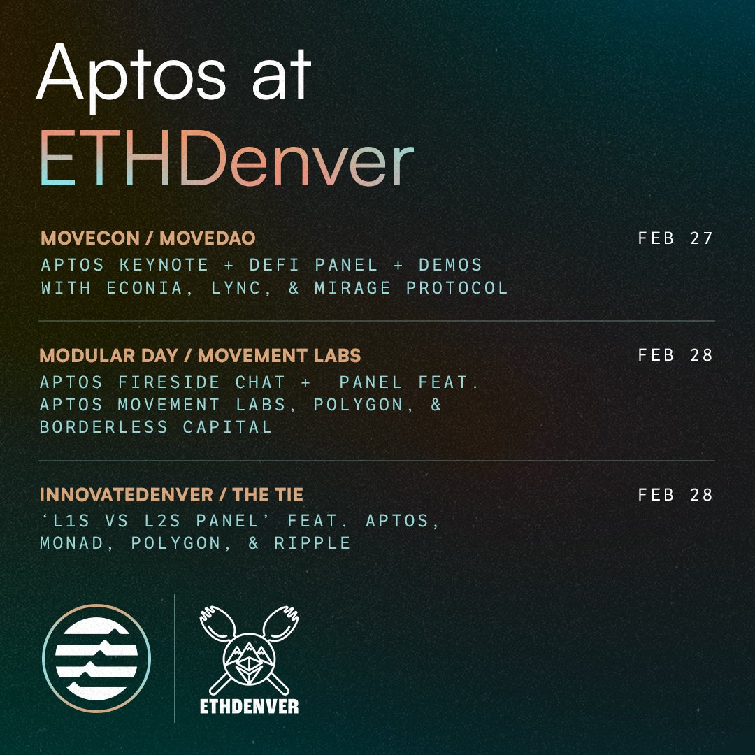 Aptos's tweet photo. Aptos is ready to take #ETHDenver by storm! Mark your calendars — there are 3 ways to catch Aptos in Denver next week.
Save this post for a round up of the info you need to maximize your Aptos vibes at ETHDenver 2024 👇
📅 MoveCon by @MoveDAO_
February 27 // 10am - 6pm MST
🎟️ Register: https://t.co/NwIHHq87qc
📅 MODULAR DAY by @movementlabsxyz
February 28 // 11am - 7pm MST
🎟️ Register: https://t.co/PGnkFZYTYL
📅 InnovateDenver by @TheTieIO
February 28 // 10am - 8:30pm MST
🎟️ Apply: https://t.co/ECfd2AIJ7T