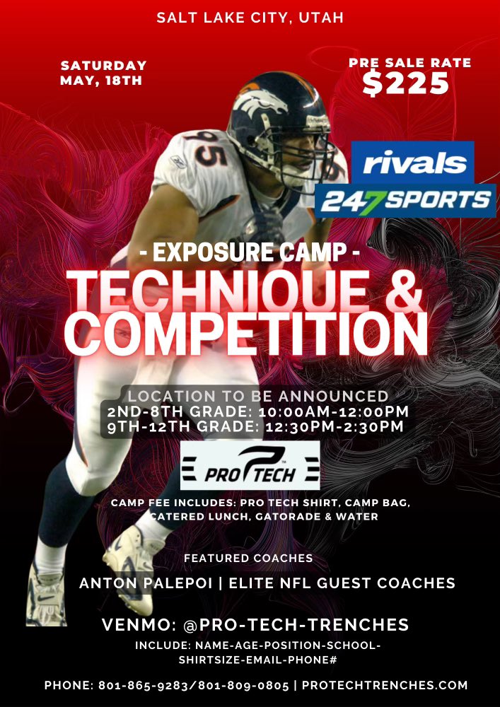 Let’s go! Lock your spots in now. All positions are available for sign ups. Both former and current NFL athletes will be teaching at our Camp. @247Sports @Rivals