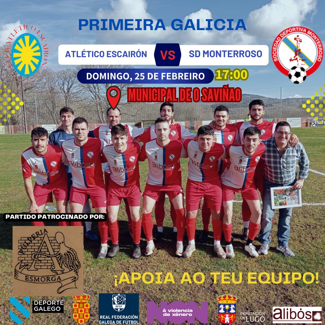 ⚠️ XORNADA 23 ⚠️

➡️ Este partido está patrocinado por @pulperia_aesmorga . Moitas gracias por colaborar con nós ♥️🤍

⚽️ ATL Escairón 🆚 SD Monterroso

🗓️ Domingo 25

🕒 Ás 17:00

📍 Municipal de O Saviñao

♥️🤍 GO REDS 🤍♥️