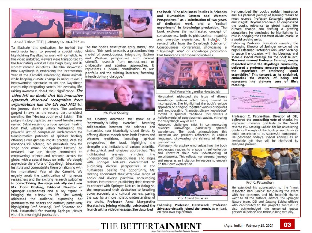 33,000 minds explored consciousness! East &amp; West unite in groundbreaking e-book launch at #Dayalbagh by <a href="/SpringerNature/">Springer Nature</a> ! "Conscious Studies in Sciences &amp; Humanities and Humanities: Eastern and Western Perspectives" delves into the mysteries of being. Read my in-depth coverage.
