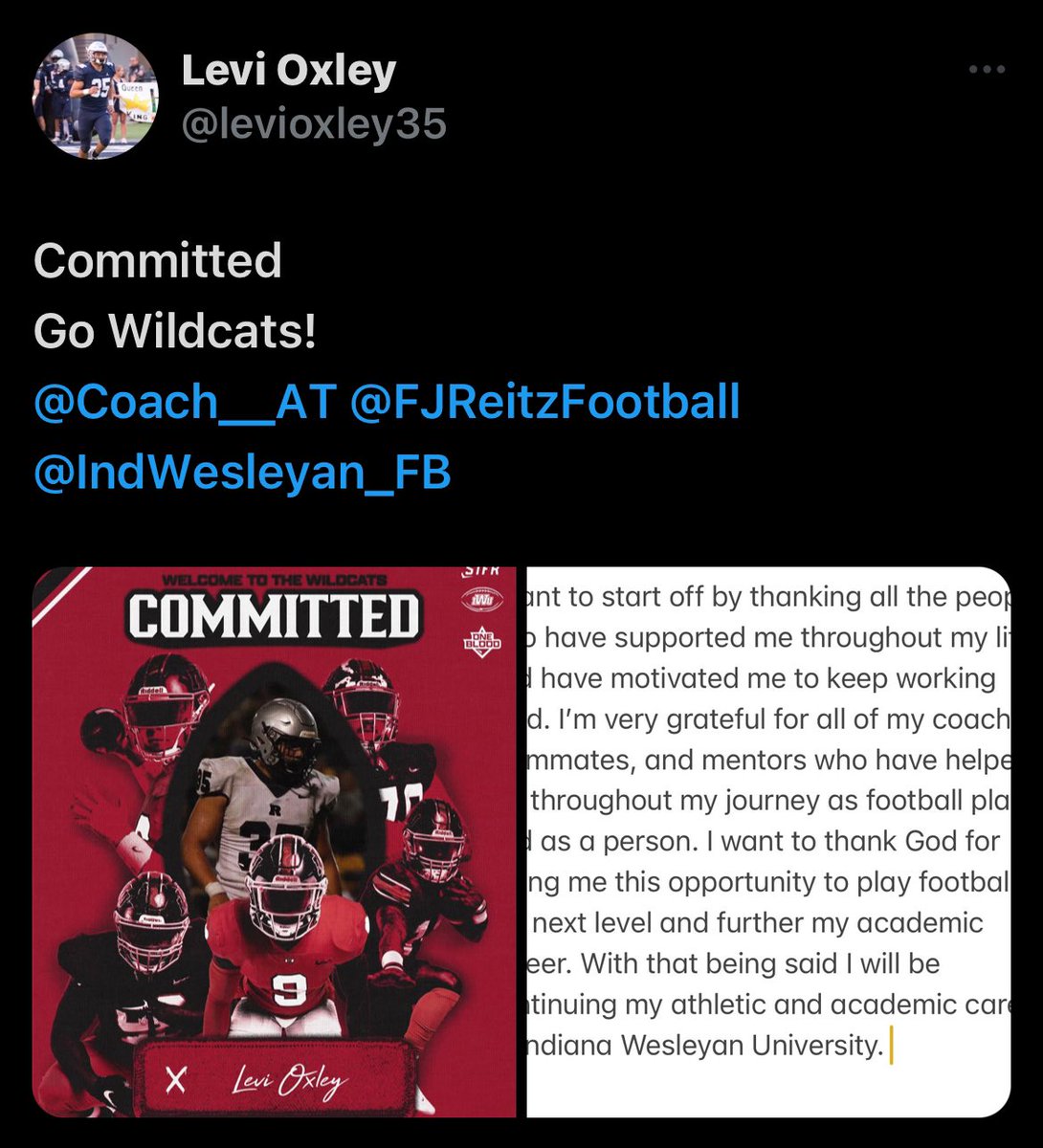 C/o ‘24 DE Levi Oxley has committed to play football at Indiana Wesleyan!

Best wishes to Levi as he moves to the next level after a historic career as a Reitz Panther! 🐾

33 sacks (#1 in school history)
44 TFL (#1 in school history)
163 tkls
2 FF, 2 FR
178 rush yds
11 rush TD