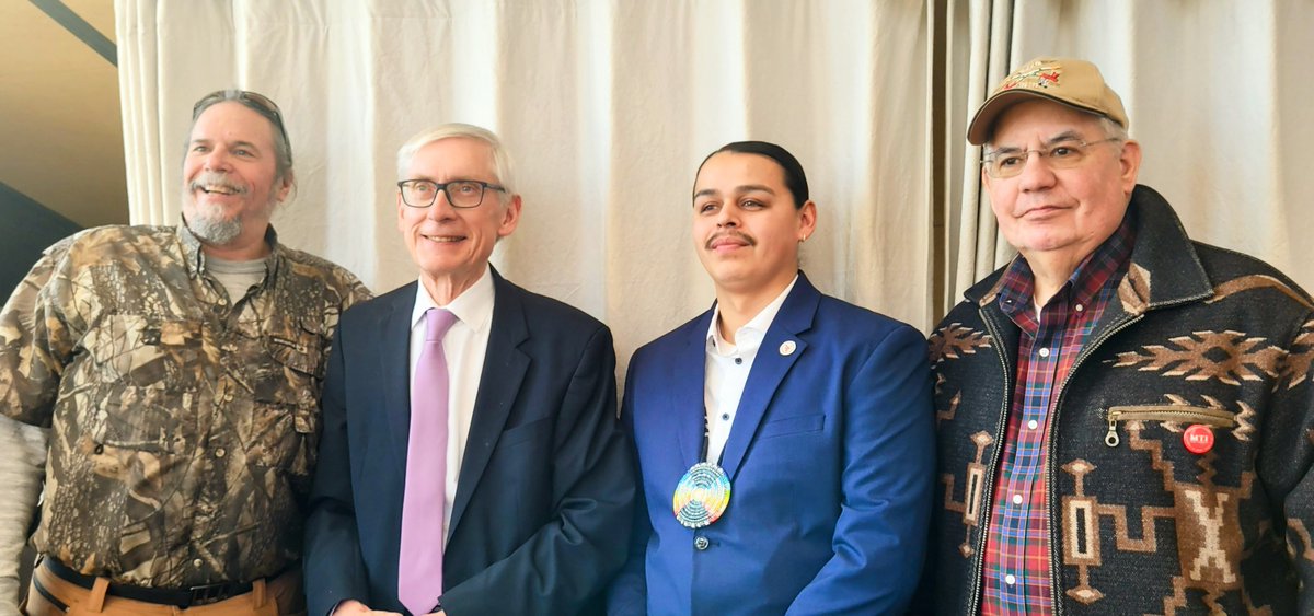 Yesterday in his fair maps tour, <a href="/GovEvers/">Governor Tony Evers</a> was thanked by Joe Miller (Stockbridge-Munsee), Mike Fish Jr. (Menominee), and George Swamp (Oneida).
Their three reservations, for the first time, will be together in the same senate district, giving tribal voices more collective power!
