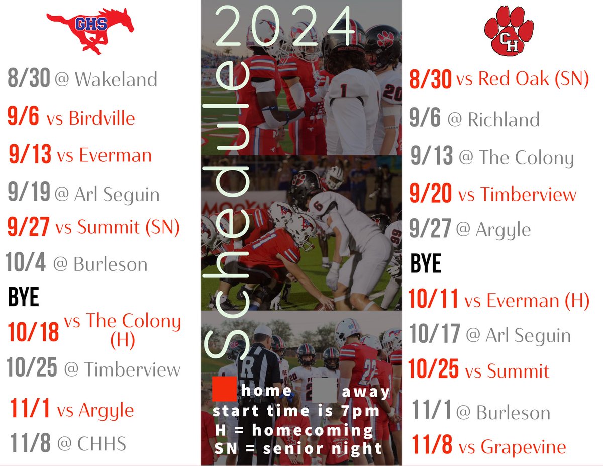 Here are our 2024 <a href="/CHHS_FOOTBALL/">CHHS Football</a> and <a href="/GHSMustangsFB/">GHSMustangsFootball</a> schedules. Will be an exciting fall at MPS concluding with the Red Rail Rivalry on 11/8. <a href="/Supt_GCISD/">Brad Schnautz</a> <a href="/_Jerry_Edwards/">Jerry Edwards</a> <a href="/Coachdebesse5/">Bob DeBesse</a> <a href="/CHPantherPride/">Colleyville Heritage</a> <a href="/PantherFBBoost/">CHHS Panther Football Boosters</a> <a href="/GHSFBBooster/">Grapevine Mustangs Football Booster Club</a>