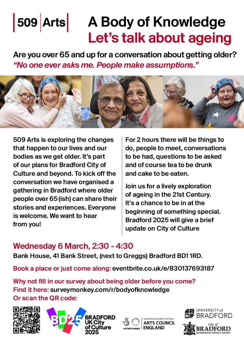 Alan Dix (@mrshipley) on Twitter photo 509 Arts has been exploring ageing for a while and we're planning for Bradford 2025. Come along for 2 hours of conversations and exploration on 6th March, 2:30pm-4:30pm at Bank Street, Bradford. Please share <a href="/BradfordU3a/">Bradford u3a</a> <a href="/AgeUKBradford/">Age UK Bradford District</a> <a href="/BDSeniorPower/">Bradford and District Senior Pwer</a> <a href="/509Arts/">509 Arts</a> 509 Arts has been exploring ageing for a while and we're planning for Bradford 2025. Come along for 2 hours of conversations and exploration on 6th March, 2:30pm-4:30pm at Bank Street, Bradford. Please share <a href="/BradfordU3a/">Bradford u3a</a> <a href="/AgeUKBradford/">Age UK Bradford District</a> <a href="/BDSeniorPower/">Bradford and District Senior Pwer</a> <a href="/509Arts/">509 Arts</a>