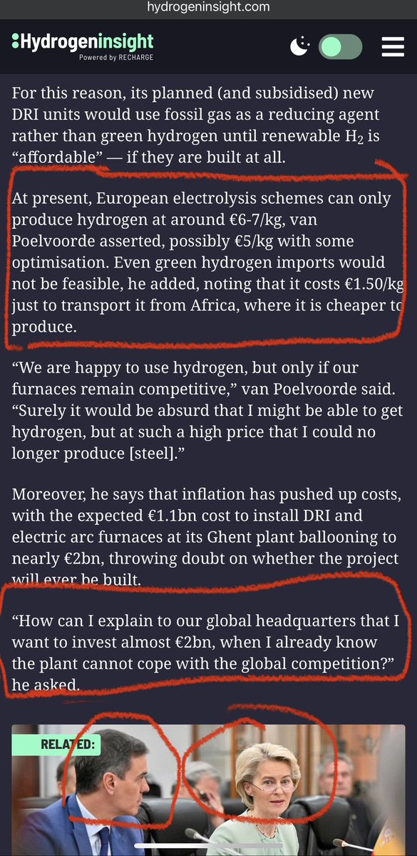 #idrogenoVerde
E niente; persino il capo di Arcelor Mittal EU dice che non c’è modo di generare H2 verde a prezzi competitivi.
Ma la trolls a capo della commissione continua per la sua strada, aumentando le quote future di H2 “verde”.
Il demente $ociali$ta $anchez la segue, ovvio