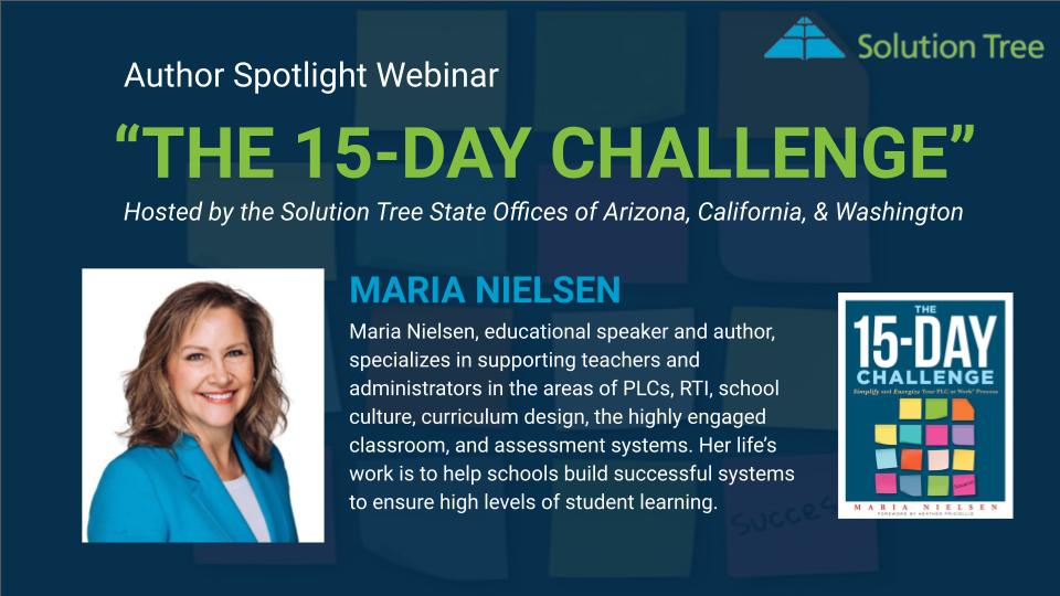 Solution Tree California (@solutiontreeca) on Twitter photo Thank you, Maria Nielsen, for introducing us to your newest book, The 15-Day Challenge in today's webinar!
What a powerful resource to help schools jumpstart their PLC! š¤©
solutiontree.com/15-day-challenā¦
#atPLC #15DayChallenge
<a href="/MariaNielsenPLC/">Maria Nielsen</a> <a href="/SolutionTreeAZ/">Solution Tree Arizona</a> Thank you, Maria Nielsen, for introducing us to your newest book, The 15-Day Challenge in today's webinar!
What a powerful resource to help schools jumpstart their PLC! š¤©
solutiontree.com/15-day-challenā¦
#atPLC #15DayChallenge
<a href="/MariaNielsenPLC/">Maria Nielsen</a> <a href="/SolutionTreeAZ/">Solution Tree Arizona</a>