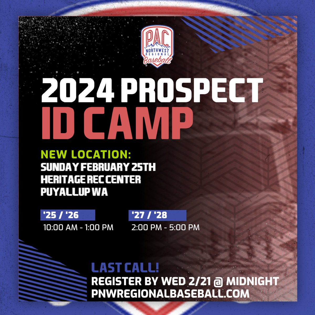 NEW LOCATION FOR SUNDAY 2/25CAMP - Heritage Rec Center (Puyallup) Registration closes TONIGHT at midnight for our preseason ID camp - sign up at pnwregionalbaseball.com 🗓 Sun 2/25 ⌚️ ‘25 / ‘26 - 10 AM - 1 PM ⌚️ ‘27 / ‘28 - 2 PM - 5 PM 📍 Heritage Rec Center - Puyallup, WA