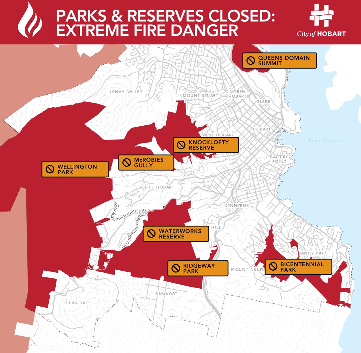 Due to the extreme fire danger rating Hobart bushland parks and reserves will be closed today, Thursday 22 February.

Closures include Wellington Park and the Queens Domain summit.

We expect to re-open these areas on Friday morning.

More info: hobartcity.com.au/Community/Emer…