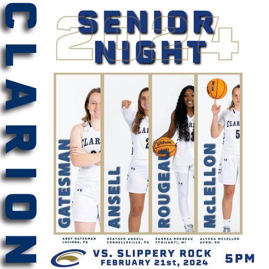 PACK THE NEST!! 🟡🔵 It’s Senior Night!!🏀 Clarion Golden Eagles 🦅VS Slippery Rock 📍- Waldo S. Tippin Gymnasium, Clarion, PA ⏰ - 5:00 PM EST 🏀 - 5:30 PM EST 📺 - psacsportsdigitalnetwork.com/clarion/ 📊 - clariongoldeneagles.com/sidearmstats/w… #seniornight #gameday #3gamesleft #WBB