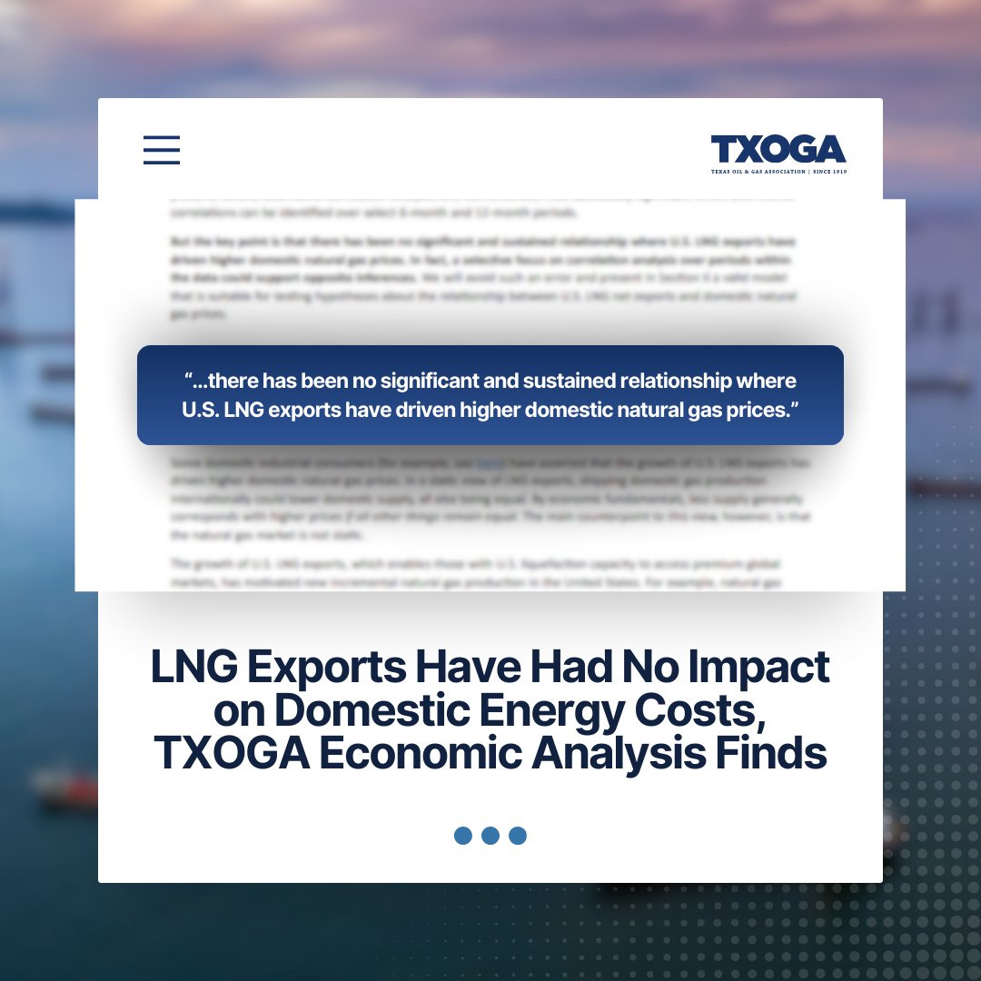 An economic analysis by TXOGA Chief Economist @RDeanForeman1 finds LNG exports have not had any sustained and significant direct impact on U.S. natural gas prices. And mid-February, natural gas prices hit their lowest point in 30 years. Read the report: txoga.org/lng-exports-ha…