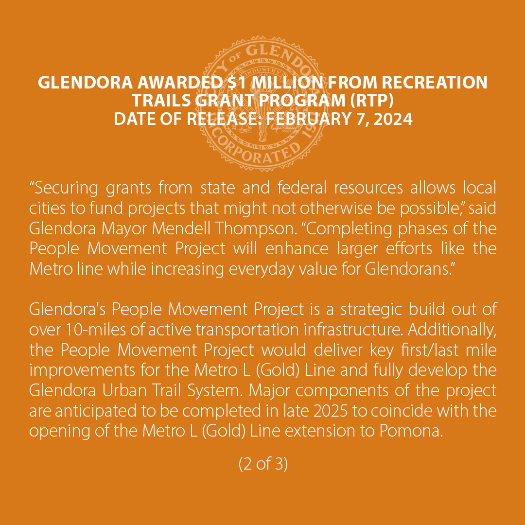 CityofGlendora's tweet photo. 📢PRESS RELEASE-#Glendora Awarded $1 Million from Recreation Trails Grant Program to help fund Phases 2 and 3 of the San Dimas Wash Urban Trail.
Download/read the complete press release at https://t.co/GnmkV9W0C0
👏👏👏
#parksandrec #peoplemovementproject #localgoverment https://t.co/AsyJbpPuDW