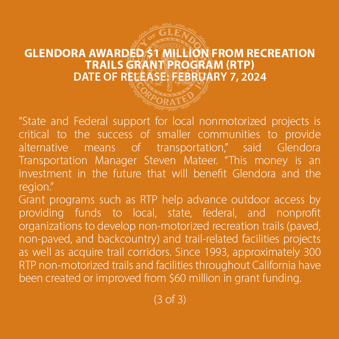 CityofGlendora's tweet photo. 📢PRESS RELEASE-#Glendora Awarded $1 Million from Recreation Trails Grant Program to help fund Phases 2 and 3 of the San Dimas Wash Urban Trail.
Download/read the complete press release at https://t.co/GnmkV9W0C0
👏👏👏
#parksandrec #peoplemovementproject #localgoverment https://t.co/AsyJbpPuDW