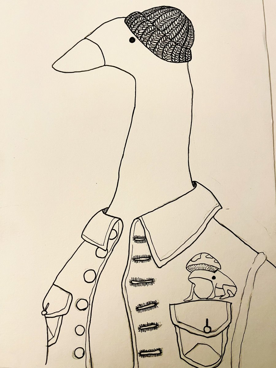 Latest drawing commission- £0 fee (technically have lost money as need to give the client ‘pocket money’)

My daughter:

“I want a drawing of a goose wearing a beanie and a denim jacket with a badge of a frog with a mushroom on its head….”