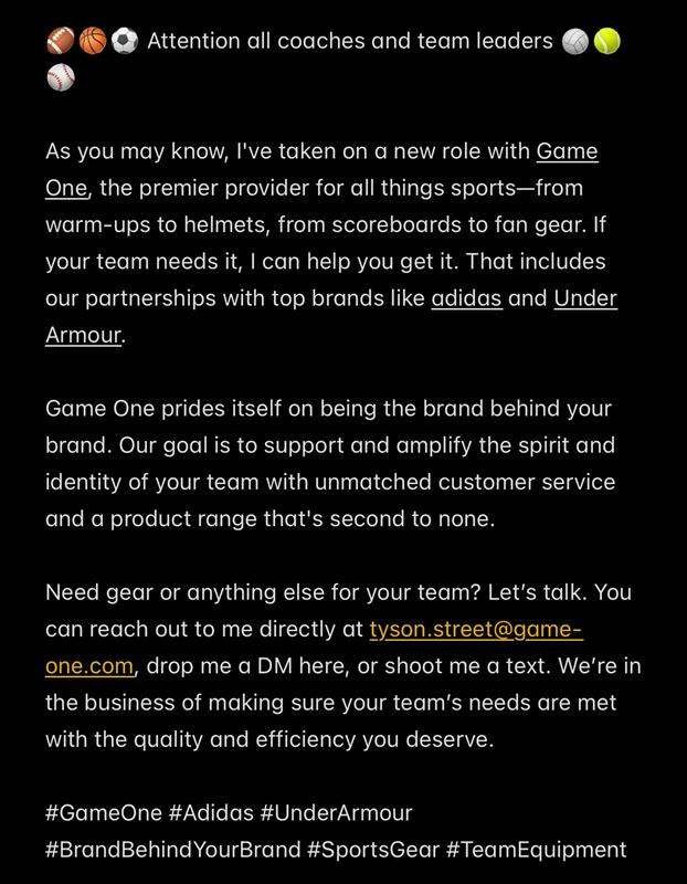 tyson_street's tweet photo. ⚠️Coaches, ADs, and Team Leaders⚠️

If you need uniforms, apparel, or equipment for your team, you can always reach out! https://t.co/WoJdEot4vw