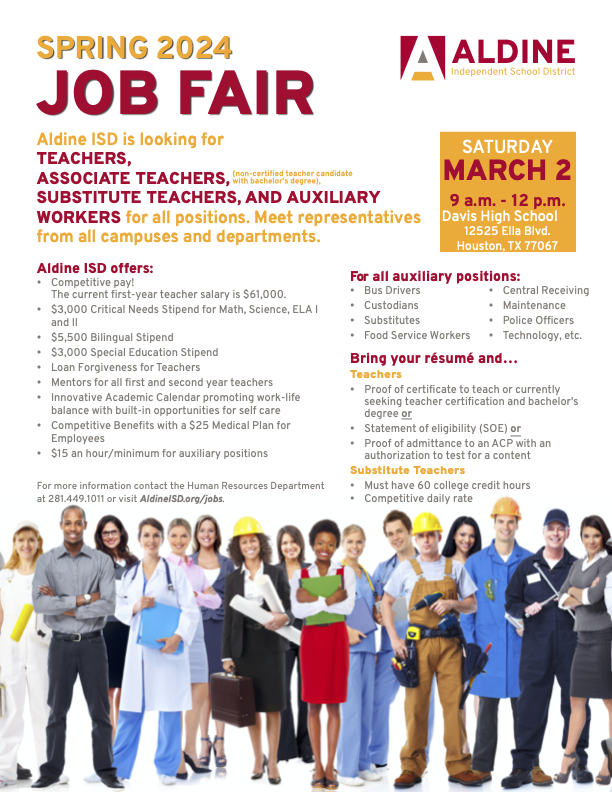 Exciting opportunity alert! 🍎 Aldine ISD Spring Job Fair on March 2, 9 am - 12 pm at Davis High School. Explore roles like Teachers, Associate Teachers, Substitute Teachers, and Auxiliary Workers. Meet reps from various campuses and departments. Your next career move awaits!