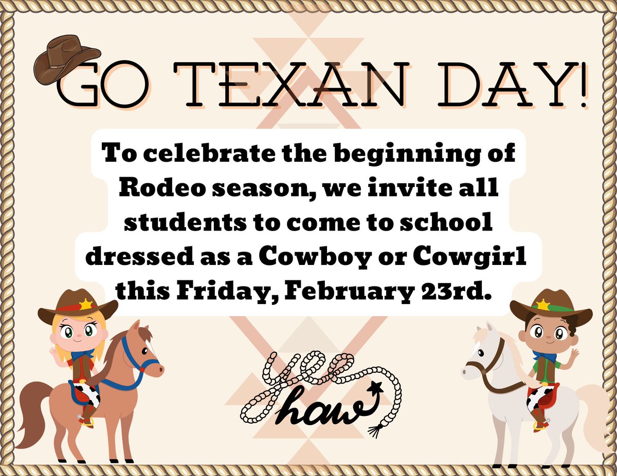 Neff Early Learning Center (@neffecc) on Twitter photo Neff ELC Cowgirls and Cowboys saddle up and wear your western wear attire on Friday February 23rd to celebrate Go Texan Day 🤠🐴 @TeamHISD <a href="/HISD_West/">🚨 This page is no longer active! 🚨</a> @DrLauraStoutPMP Neff ELC Cowgirls and Cowboys saddle up and wear your western wear attire on Friday February 23rd to celebrate Go Texan Day 🤠🐴 @TeamHISD <a href="/HISD_West/">🚨 This page is no longer active! 🚨</a> @DrLauraStoutPMP