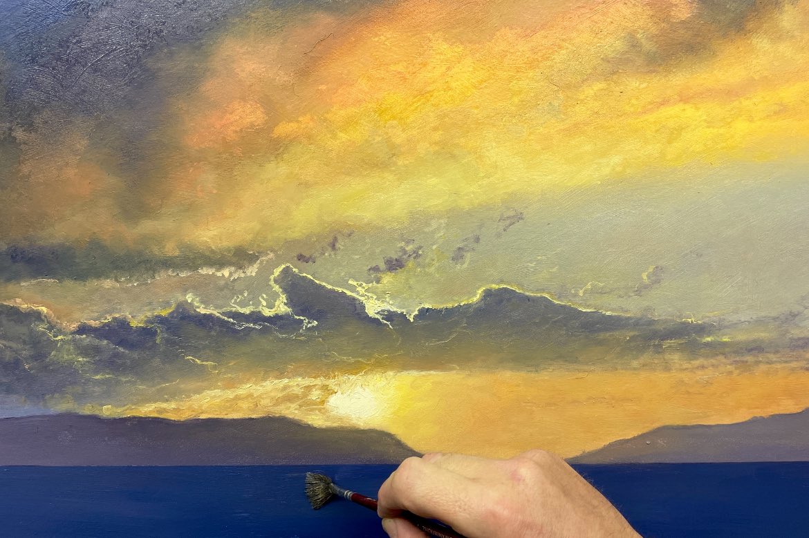 Work in progress… On the easel at the moment… #HandmadeHour #staffordshirehour #UKCraftersHour  #UKGiftHour working title “Golden Sunset ”  Oil on Panel