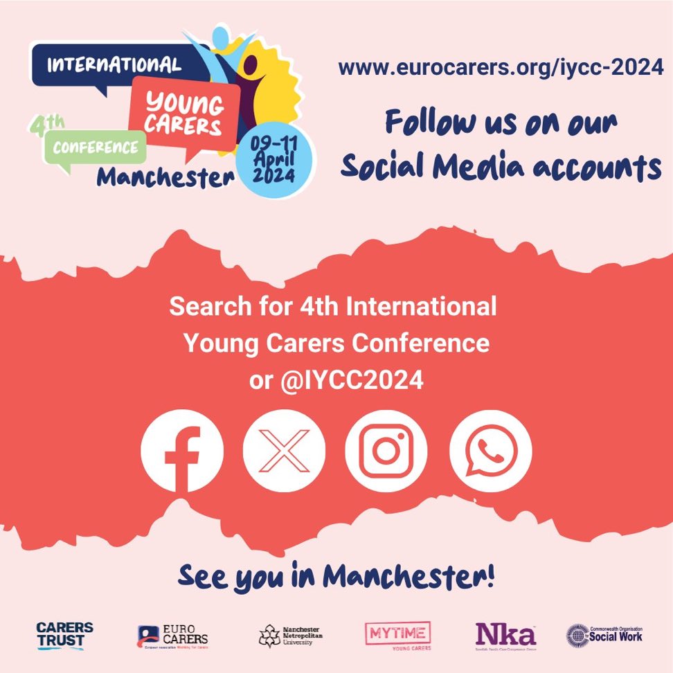 The 4th International Young Carers Conference has its own social media accounts. On ‘X’ it’s @IYCC2024. Follow us for the latest updates. By the way, if you haven’t booked a place yet you need to know we are almost fully booked and will stop taking bookings any day now. Sorry!