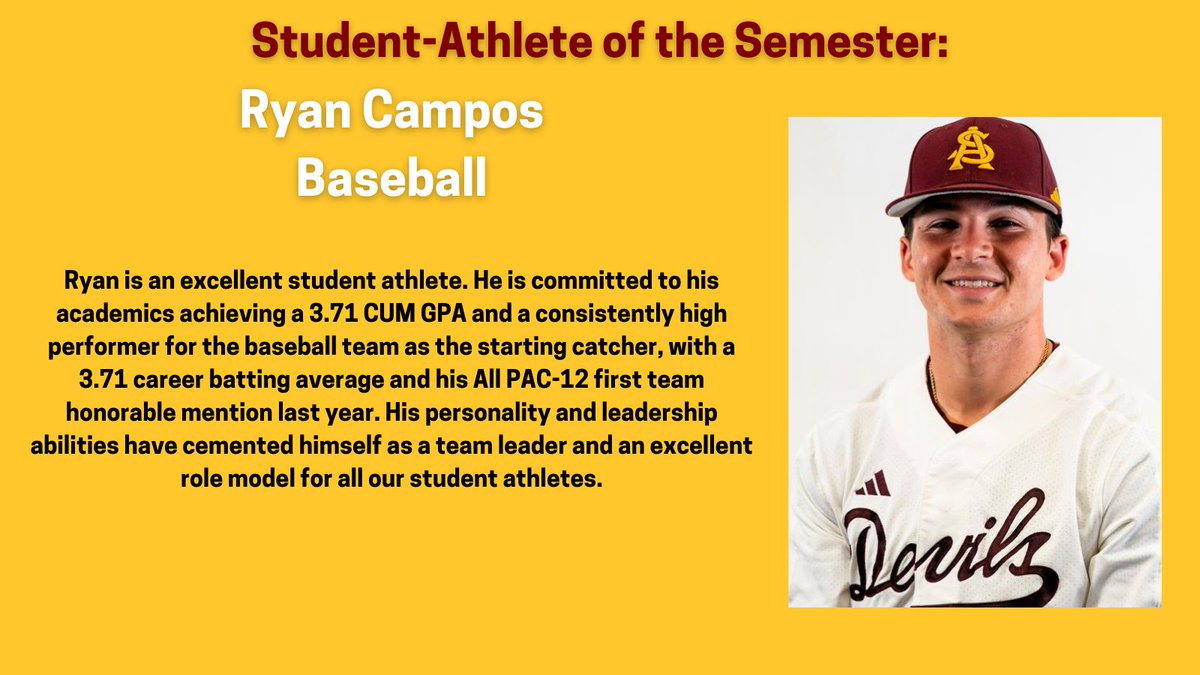 The first student-athlete we would like to highlight is Ryan Campos from @ASU_Baseball! He is OSAD's High Achieving Male Athlete of the Month. Huge shout out to Ryan for being a leader on the team and in the classroom! @TheSunDevils #O2V