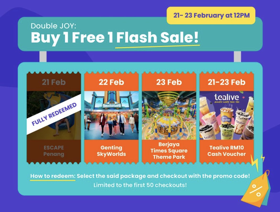 Goondupresident's tweet photo. 🚨 Flash sales drop 🚨

Genting Skyworld ticket is having B1F1!! Later 12pm have to buy from Klook!

Redeem code sini : https://t.co/DLkbK8H7JR

#goondushare https://t.co/oYTQ9gbdnZ