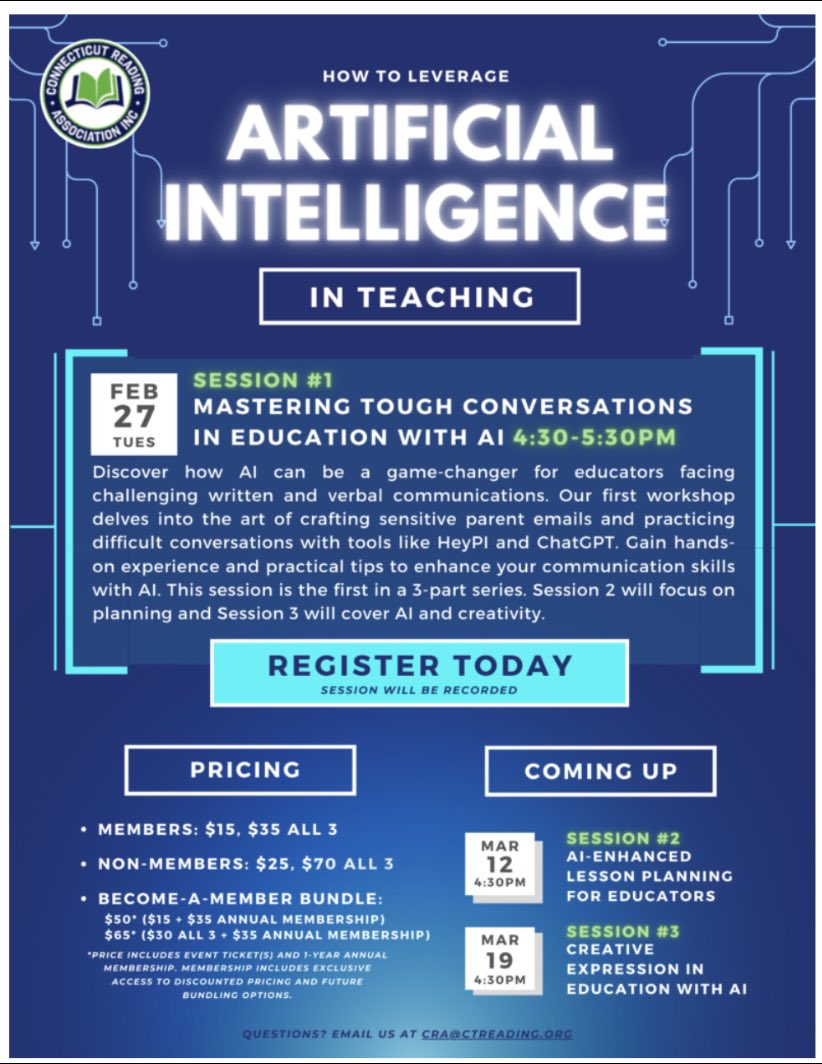 @ctreadinginc has 3 AI in teaching sessions starting 2/27 with CTs own Matt Mervis! You don’t want to miss this! @ctcasl @technojohnson @JohnReadLibrary @valdilorenzo @msthombookitis @jluss @smcneice @ljbh35 @AGoodLibrarian #CTTUG