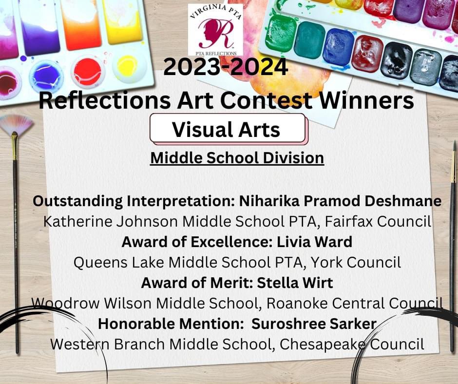 wbmbruins's tweet photo. 🎉CONGRATULATIONS 🎉to all the students who placed in the Virginia PTA Reflections Art Contest. But especially our very own Suroshree Sarker! Full Winners Announcement can be viewed here: https://t.co/uAS9PfezBI #PTAReflections #ptabuildscommunity https://t.co/m9YdMXlDqY