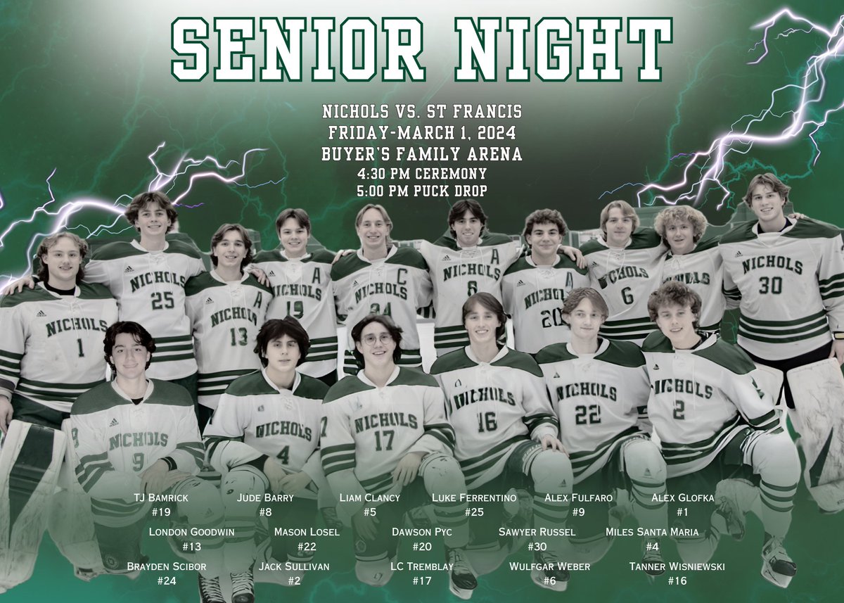 NicholsHockey's tweet image. Save the date! Nichols Senior Night  Friday, March 1st vs. St. Francis. Pack the Barn! #CultureWins #ProcessWins #ItTakesWhatItTakes #Vitua
