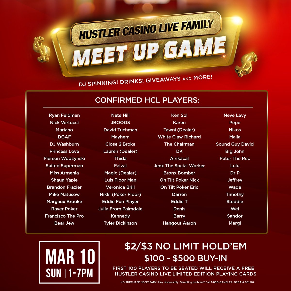 DGAF (@dgafpokerplayer) on Twitter photo You are cordially invited to THE BIGGEST & CRAZIEST POKER PARTY OF THE YEAR!
Sunday, March 10, 2024
<a href="/HUSTLERCASINOLA/">HUSTLER Casino</a>
1 PM ⏰
<a href="/HCLPokerShow/">Hustler Casino Live</a> Family Meetup Game!!!
<a href="/DJWashburn_/">DJ Washburn</a> on the turntables and mic✅
Merch giveaways✅
Auction for charity✅
Hourly Drawings✅
Food & You are cordially invited to THE BIGGEST & CRAZIEST POKER PARTY OF THE YEAR!
Sunday, March 10, 2024
<a href="/HUSTLERCASINOLA/">HUSTLER Casino</a>
1 PM ⏰
<a href="/HCLPokerShow/">Hustler Casino Live</a> Family Meetup Game!!!
<a href="/DJWashburn_/">DJ Washburn</a> on the turntables and mic✅
Merch giveaways✅
Auction for charity✅
Hourly Drawings✅
Food &