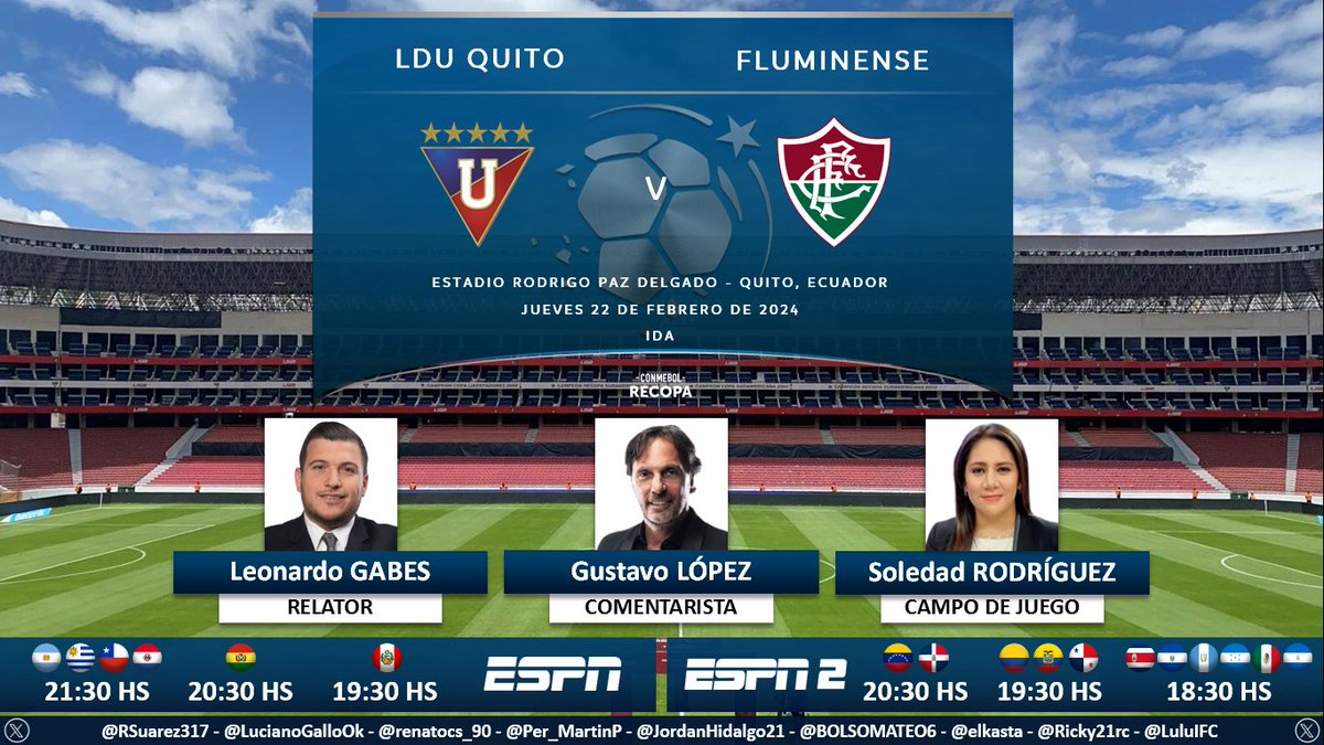 Puntaje_Ideal's tweet photo. โฝ #Recopa | ๐ช๐จ #LDU vs. #Fluminense ๐ง๐ท
๐ Relator: @leogabes
๐ Comentarista: @gustavohlopez
โณ Campo de juego: @sol_deportiva
๐บ #ESPN Sudamรฉrica (โ๐จ๐ด๐ช๐จ๐ป๐ช)
๐บ #ESPN2 ๐จ๐ด๐ช๐จ๐ป๐ช๐ฒ๐ฝ y Centroamรฉrica
๐ป๐ฑ@StarPlusLA
๐คณ #RECOPAxESPN - #ESPNenStarPlus
Dale RT ๐ https://t.co/5TlN1iHfwi